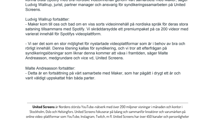 United Screens levererar nordiskt innehåll till Spotify i samarbete med Maker