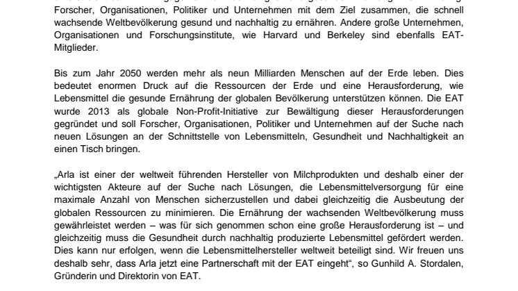 Arla wird Partner der internationalen Non-Profit Initiative EAT