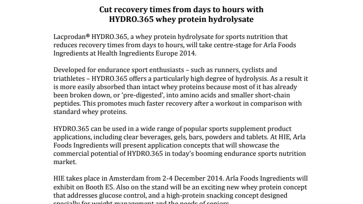 Cut recovery times from days to hours with HYDRO.365 whey protein hydrolysate