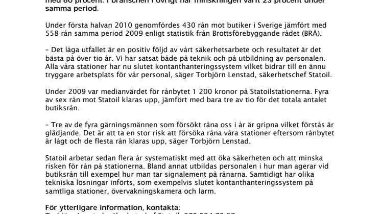 Inga rån mot Statoil under första halvåret 2010