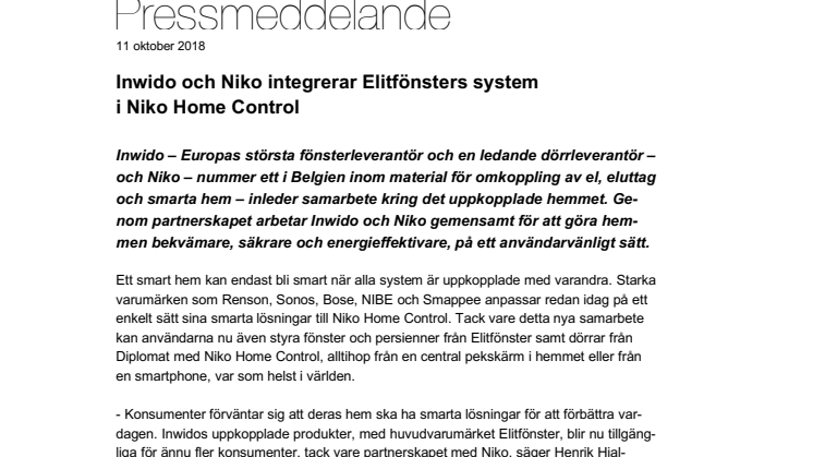 Inwido och Niko integrerar Elitfönsters system i Niko Home Control