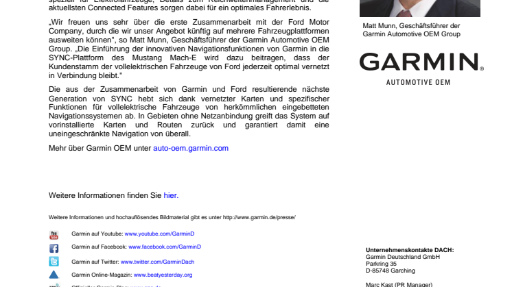Garmin und Ford bringen Cloud-basierte Navigation in SYNC-Bordsystem des Mustang Mach-E 