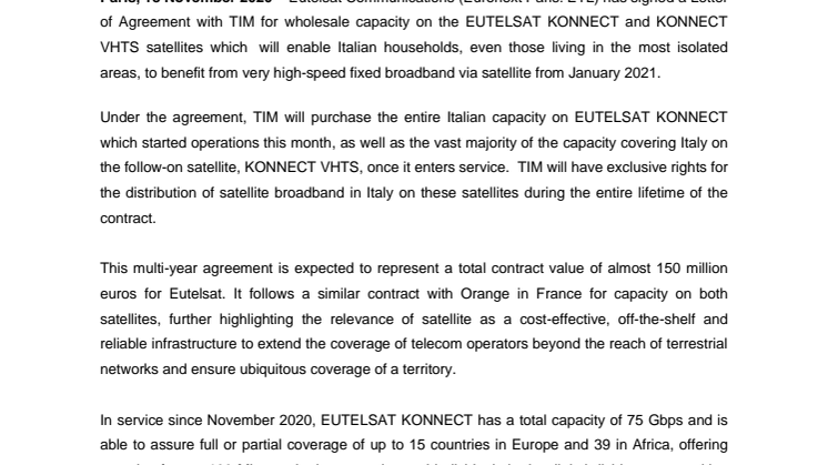TIM commits to capacity on EUTELSAT KONNECT and KONNECT VHTS to expand high-speed broadband delivery