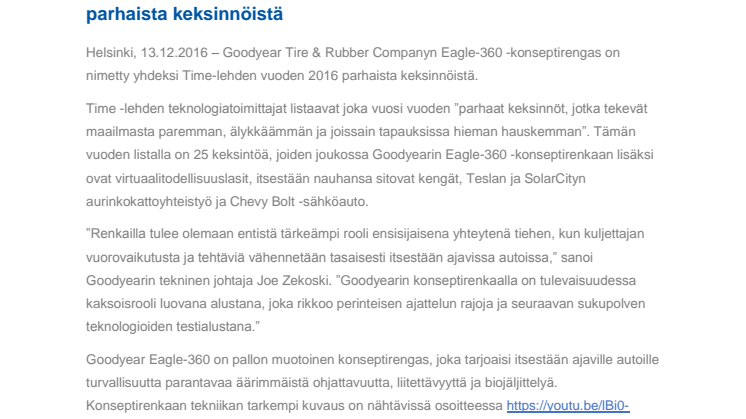 Time nimesi Goodyearin Eagle-360:n yhdeksi vuoden 2016 parhaista keksinnöistä