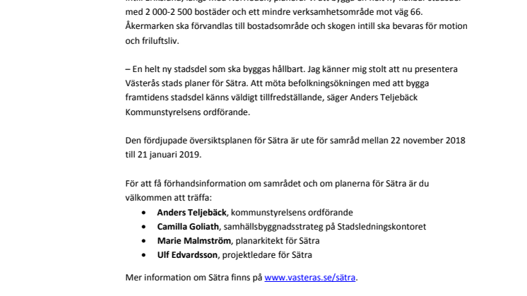 Pressinbjudan: Förhandsinformation inför samrådet för nya stadsdelen Sätra