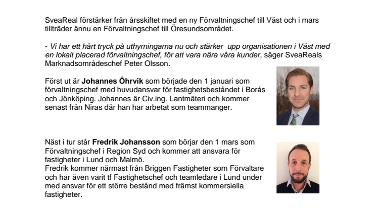 Förstärkning till SveaReal i Syd & Väst 