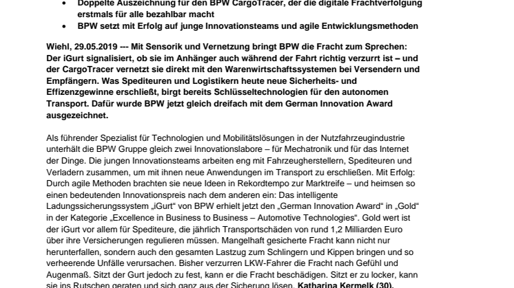 Vorboten des autonomen Transports: BPW erhält German Innovation Awards für digitale Ladungssicherung und Frachtverfolgung 