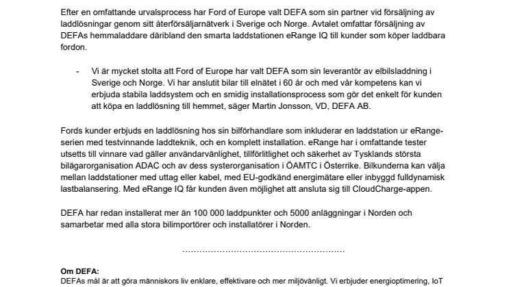 Ford of Europe väljer DEFA som partner inom elsbilsladdning