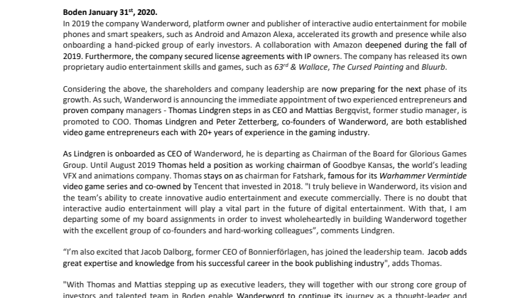 Thomas Lindgren appointed CEO for interactive audio games innovator & platform company Wanderword