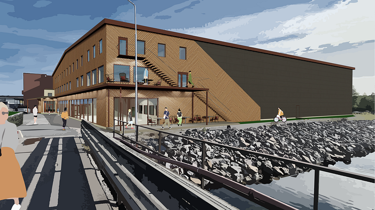 Anläggningens gestaltning och geometri samverkar med den anslutande gång- och cykelbron. När projektet blir klart kommer Håstaholmen att ha en välkomnande anläggning som förutom sportaktiviteter även erbjuder kontor till företag. Bild: TM Konsult