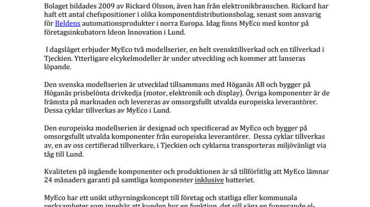 Stefan Borgström investerar i skånska	 elcykelföretaget MyEco AB	