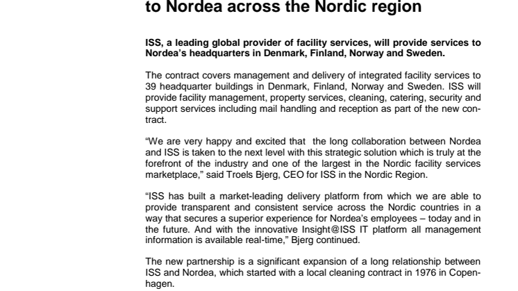 ISS to provide integrated facility services to Nordea across the Nordic region