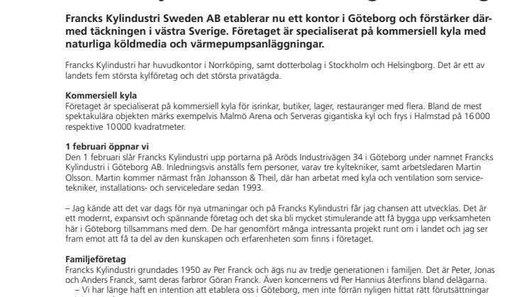 Francks Kylindustri etablerar sig i Göteborg