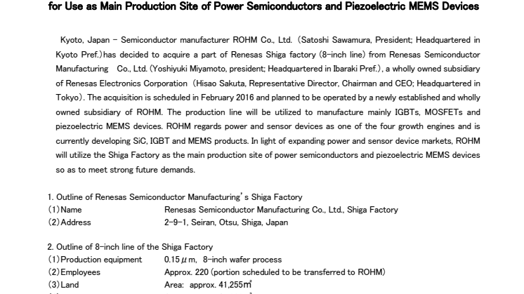 ROHM to Acquire a Part of Renesas Shiga Factory (8-Inch Line)  for Use as Main Production Site of Power Semiconductors and Piezoelectric MEMS Devices
