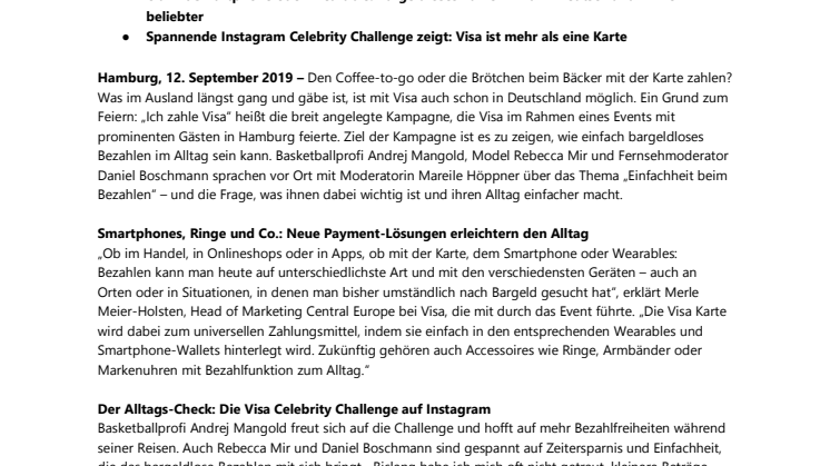 „Ich zahle Visa“ – Visa feiert Rekordkampagne mit großer Instagram Celebrity Challenge