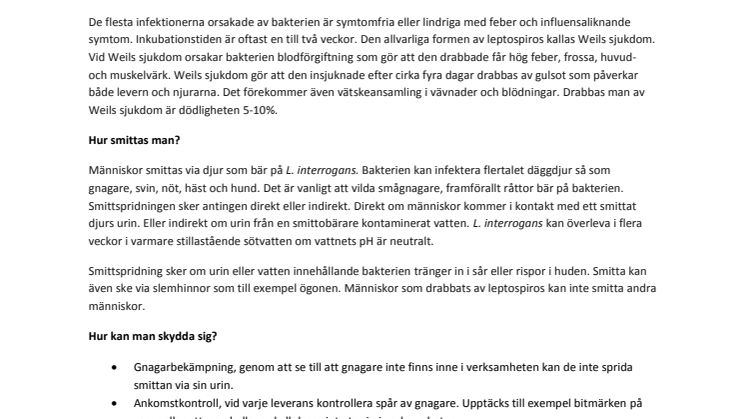 Food Safety informerar om Weils sjukdom