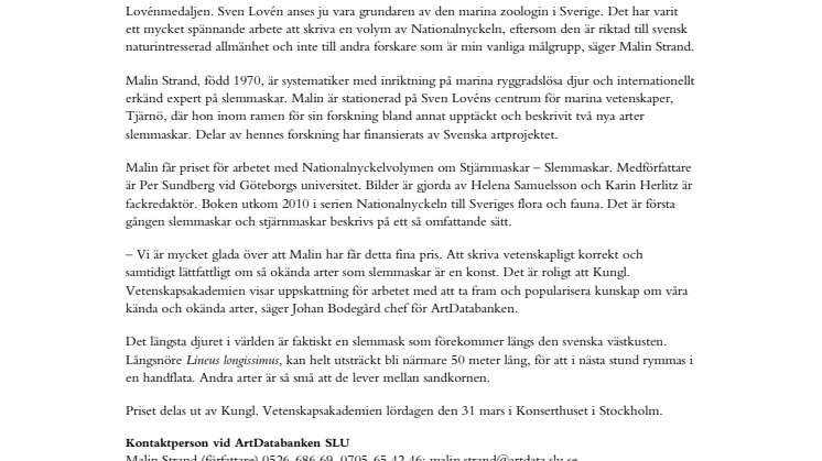 Utmärkelse för arbetet med Nationalnyckelvolym om marina djur