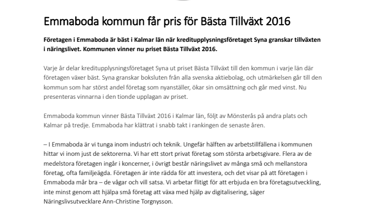 Emmaboda kommun får pris för Bästa Tillväxt 2016