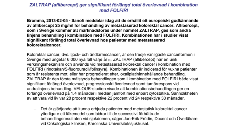 Sanofi får europeiskt godkännande för ZALTRAP (aflibercept) för behandling av metastaserad kolorektal cancer