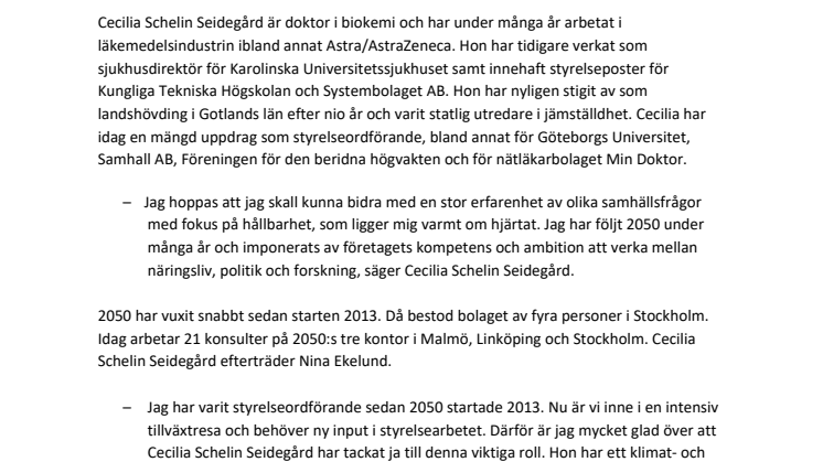 Cecilia Schelin Seidegård ny styrelseordförande för 2050 Consulting AB