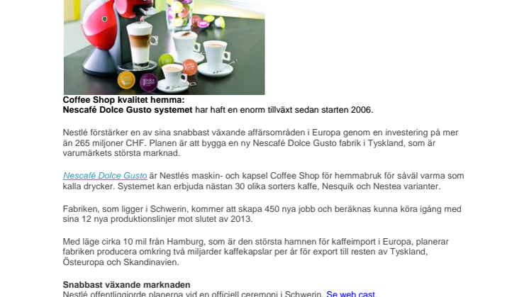 Nescafé Dolce Gusto ökar i Europa - ny produktionsenhet för Skandinavien