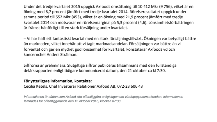 Axfood redovisar försäljning och rörelseresultat över förväntan