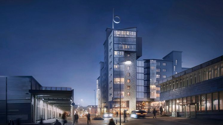 Landmärket ska placeras 54 meter upp i luften på det nya bostadshuset Kronhöjdens tak. Skulpturen kommer att belysas från tre håll med färgat ljus som skiftar i olika nyanser. Belysningen tänds i höst. Illustration: Abako Arkitektkontor