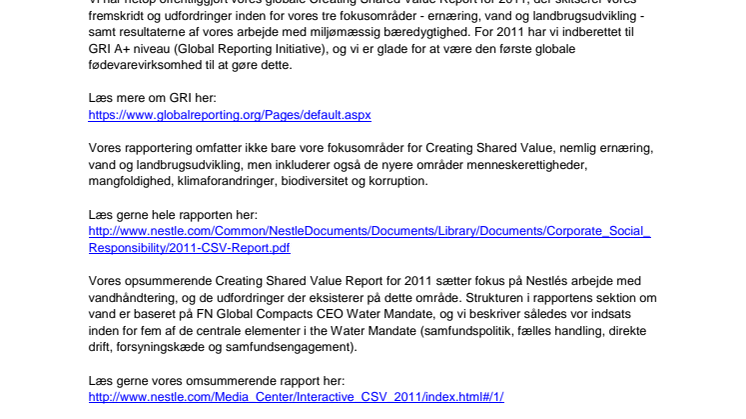 Nestlés 2011 Creating Shared Value Report modtager GRI A+ rating