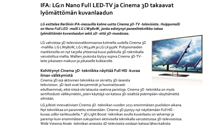 IFA: LG:n Nano Full LED-TV ja Cinema 3D takaavat lyömättömän kuvanlaadun