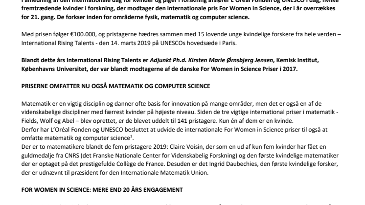 De får L'ORÉAL-UNESCO For Women in Science Priserne 2019