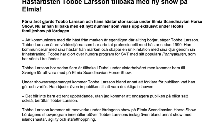 Hästartisten Tobbe Larsson tillbaka med ny show på Elmia !