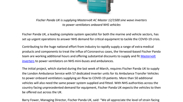 Fischer Panda UK Responds to NHS Demand for COVID-19 Equipment
