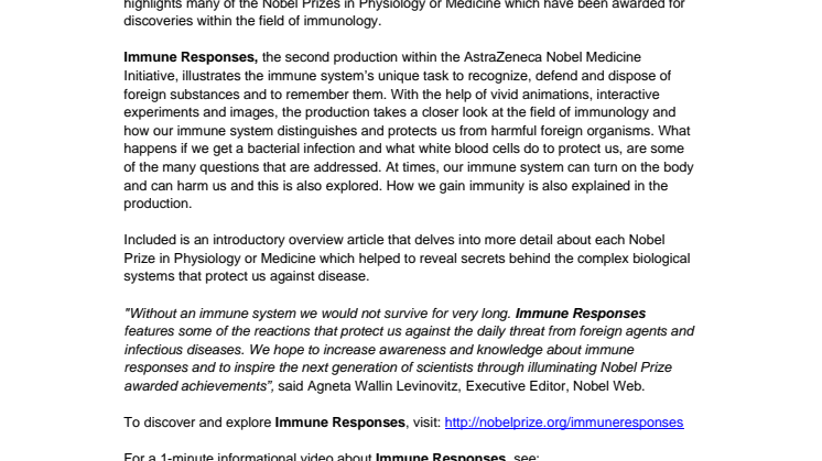 Nobelprize.org’s Educational Production Focuses on  the Body’s Immune System