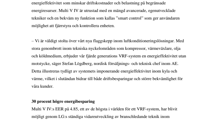 LG INTRODUCERAR SIN NYA VRF-LÖSNING MULTI V IV