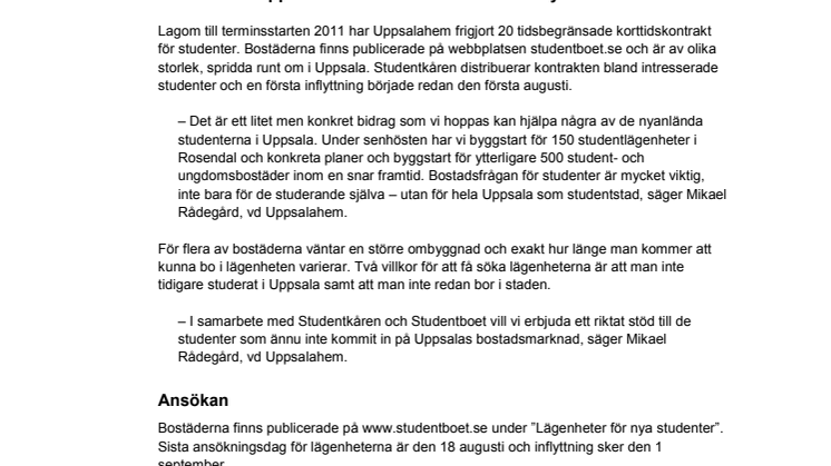 Uppsalahem ger 20 korttidskontrakt till nya studenter