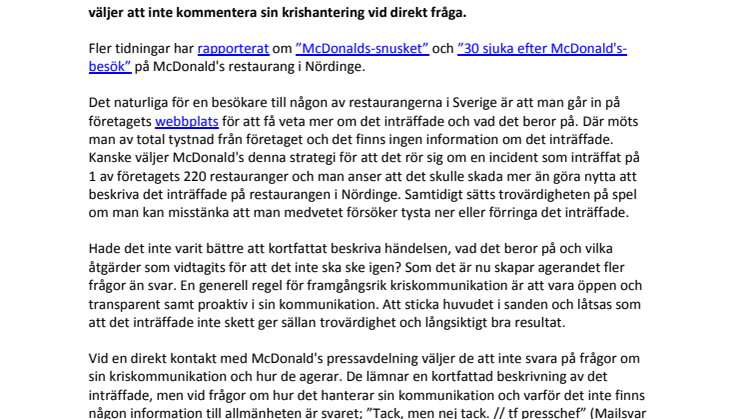 Så krishanterar McDonald's – tystnad hellre än öppenhet