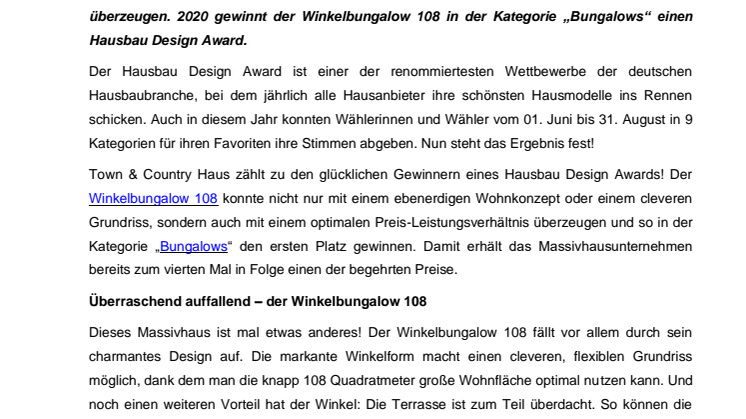 Hausbau Design Award für den Winkelbungalow 108 von Town & Country Haus