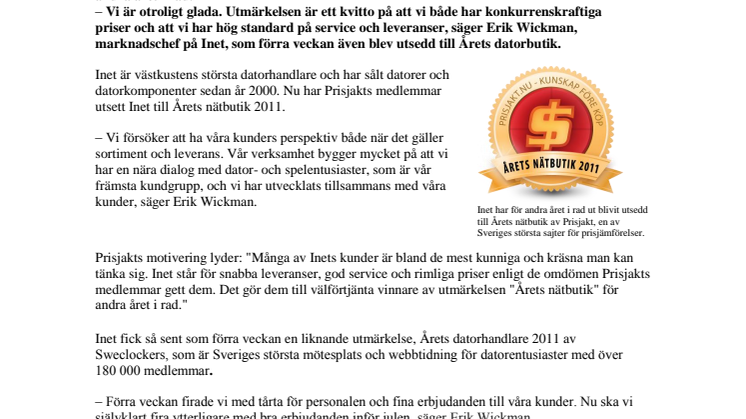 Prisjakt utser Inet till Årets nätbutik 2011 för andra året i rad