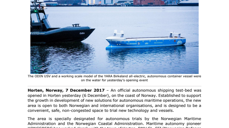 Kongsberg Maritime: New Norwegian Autonomous Shipping Test-Bed Opens