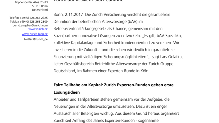 Zurich bietet Plattform für die Entwicklung von Lösungsmodellen zur Betriebsrenten-Reform