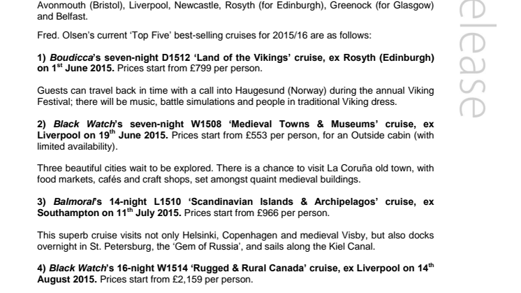 Fred. Olsen Cruise Lines’ ‘Top Five’ best sellers for 2015/16