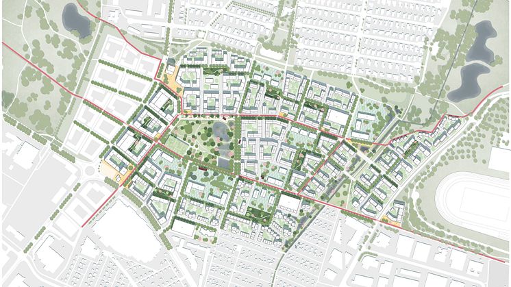 Den nya stadsdelen knyts närmare omkringliggande områden med starka stråk och mycket grönska. 
