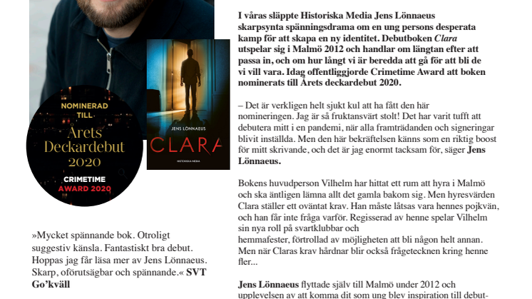 Årets deckardebut!? Malmöförfattaren Jens Lönnaeus nominerad till Årets deckardebut av Crimetime Award 