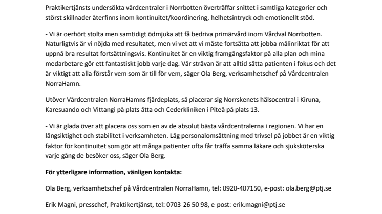 Vårdcentralen NorraHamn i Luleå är Norrbottens fjärde bästa vårdcentral