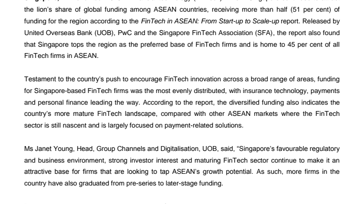 FinTech firms in Singapore attract most global funding within ASEAN according to report by UOB, PwC and SFA