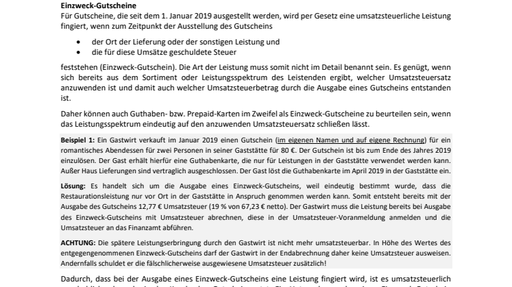 Merkblatt Umsatzsteuerliche Behandlung von Gutscheinen
