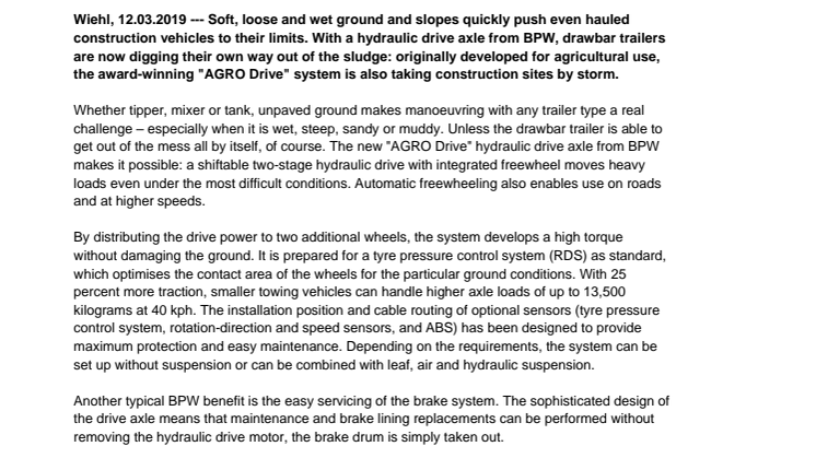 From fields to construction sites: Award-winning "AGRO Drive" drive axle from BPW also available for construction trailers