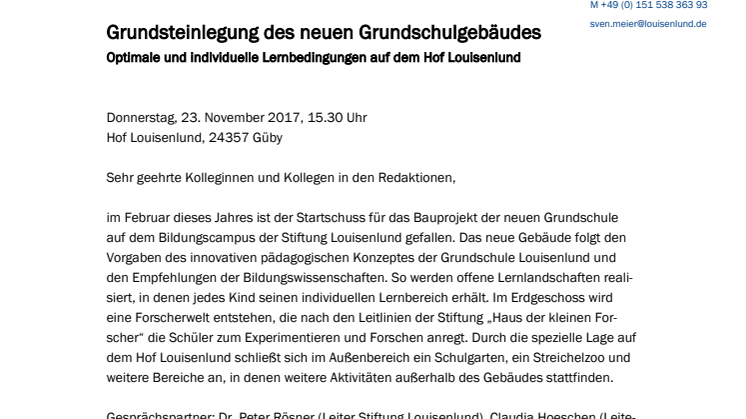 PRESSEEINLADUNG: Grundsteinlegung des neuen Grundschulgebäudes in Louisenlund