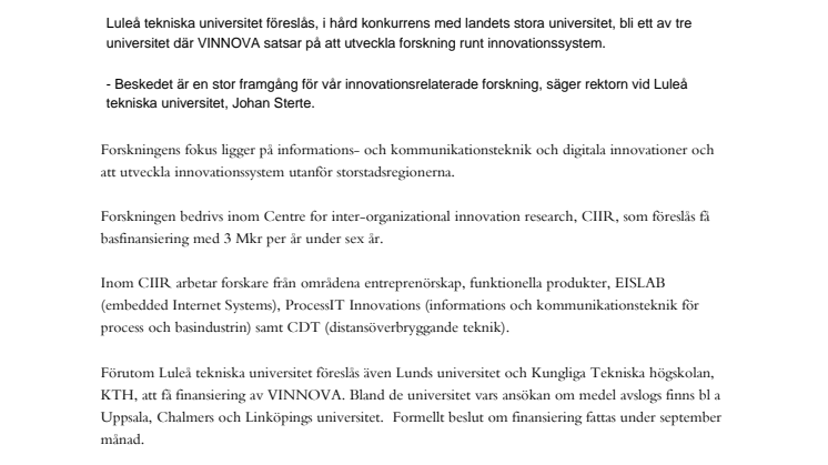 Luleå en av vinnarna när Vinnova satsar på forskning om innovationssystem