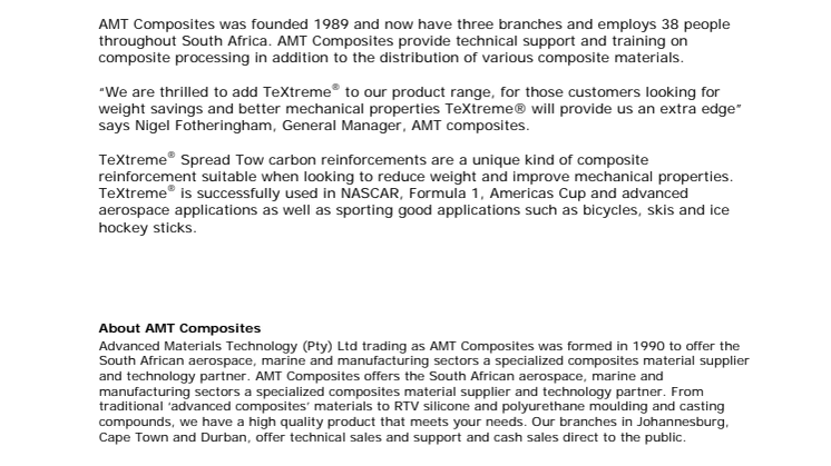 AMT Composites sign up to distribute TeXtreme® in South Africa